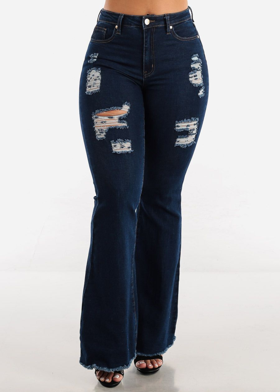 High Waisted Distressed Dark Wash Bell Bottom Jeans sold by Moda