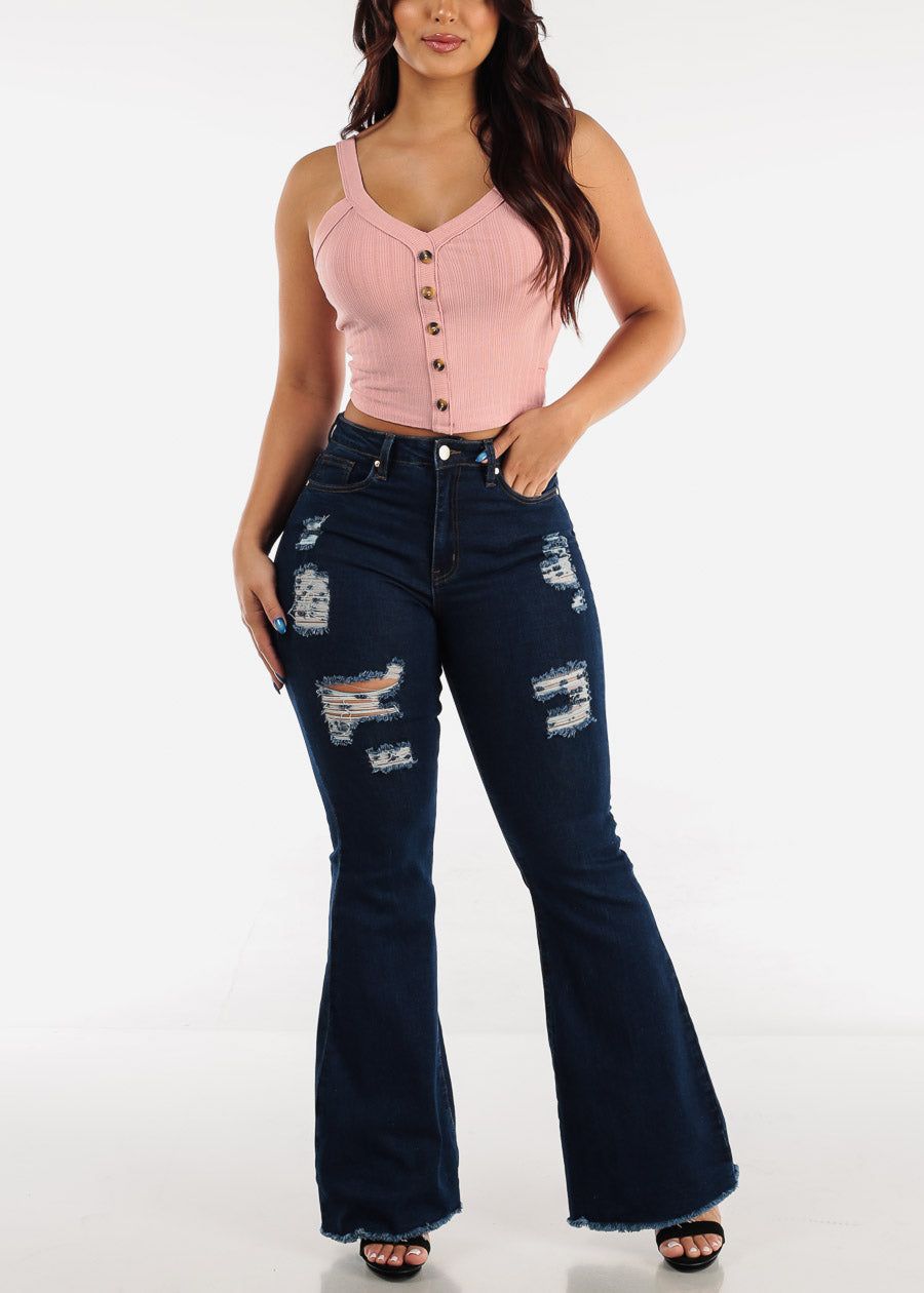 High Waisted Distressed Dark Wash Bell Bottom Jeans sold by Moda product image thumbnail 2