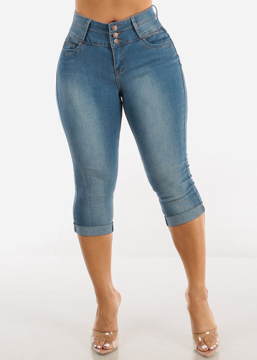Butt Lifting Mid Rise Cuffed Denim Capris Med Wash sold by Moda product image thumbnail 3