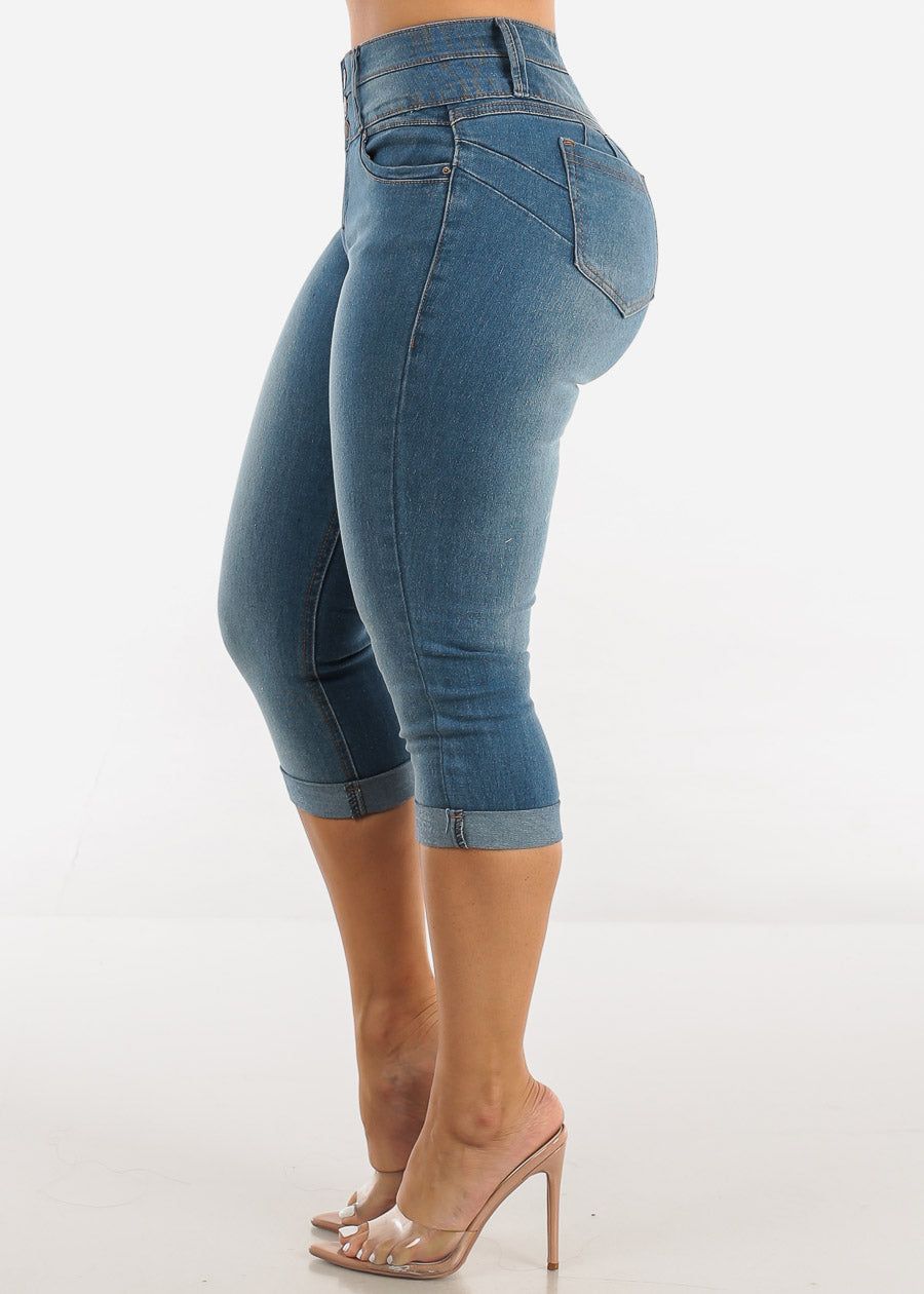 Butt Lifting Mid Rise Cuffed Denim Capris Med Wash sold by Moda product image thumbnail 4