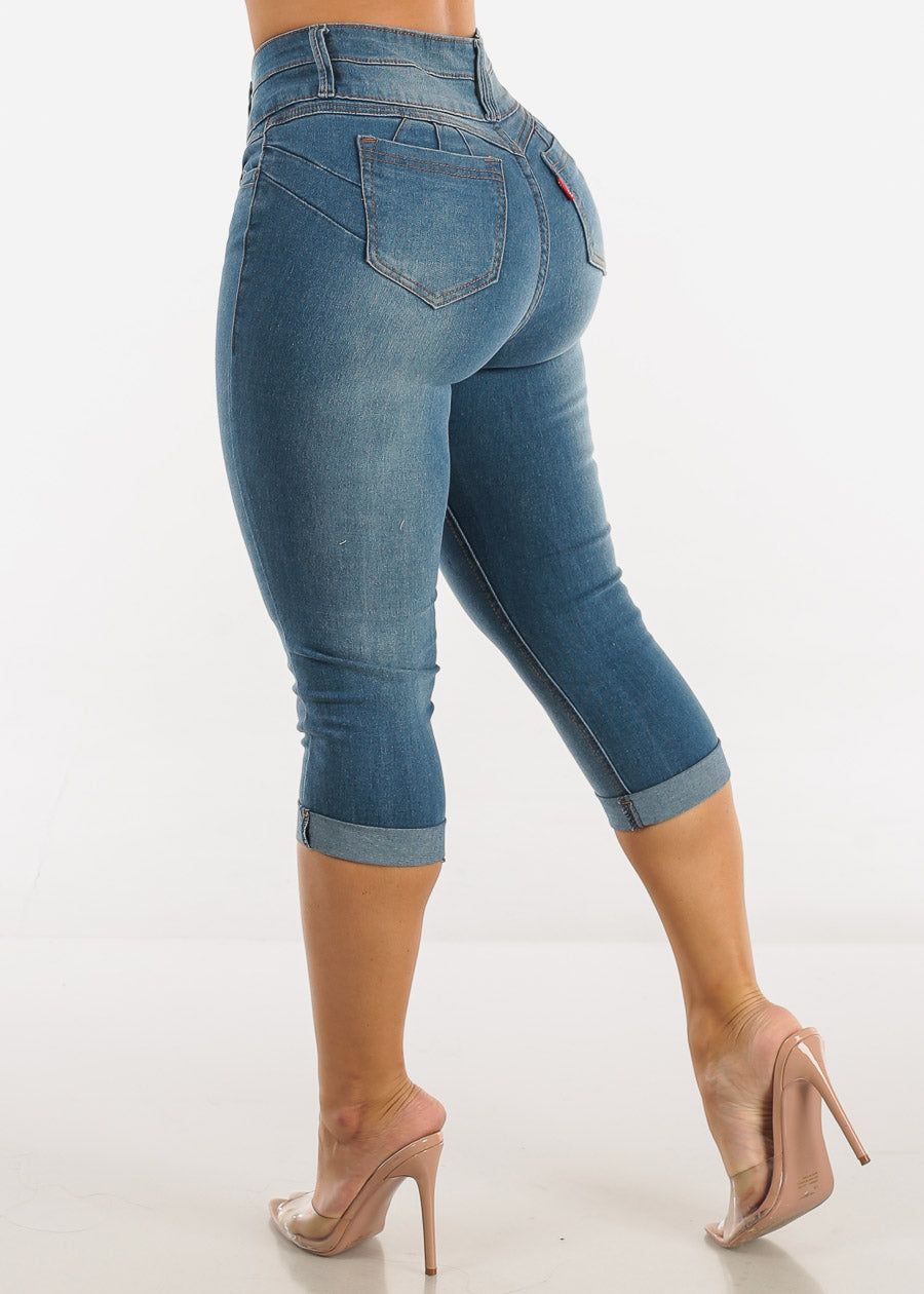 Butt Lifting Mid Rise Cuffed Denim Capris Med Wash sold by Moda