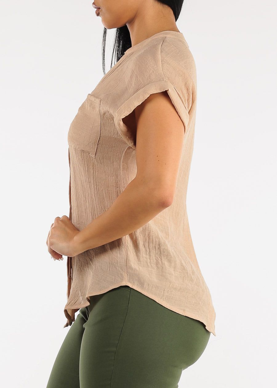 Cuffed Short Sleeve Button Up Shirt Taupe w Back Slit sold by Moda product image thumbnail 3