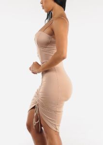 Nude Sleeveless Ruched Bodycon Dress w O-Ring Cut Out sold by Moda