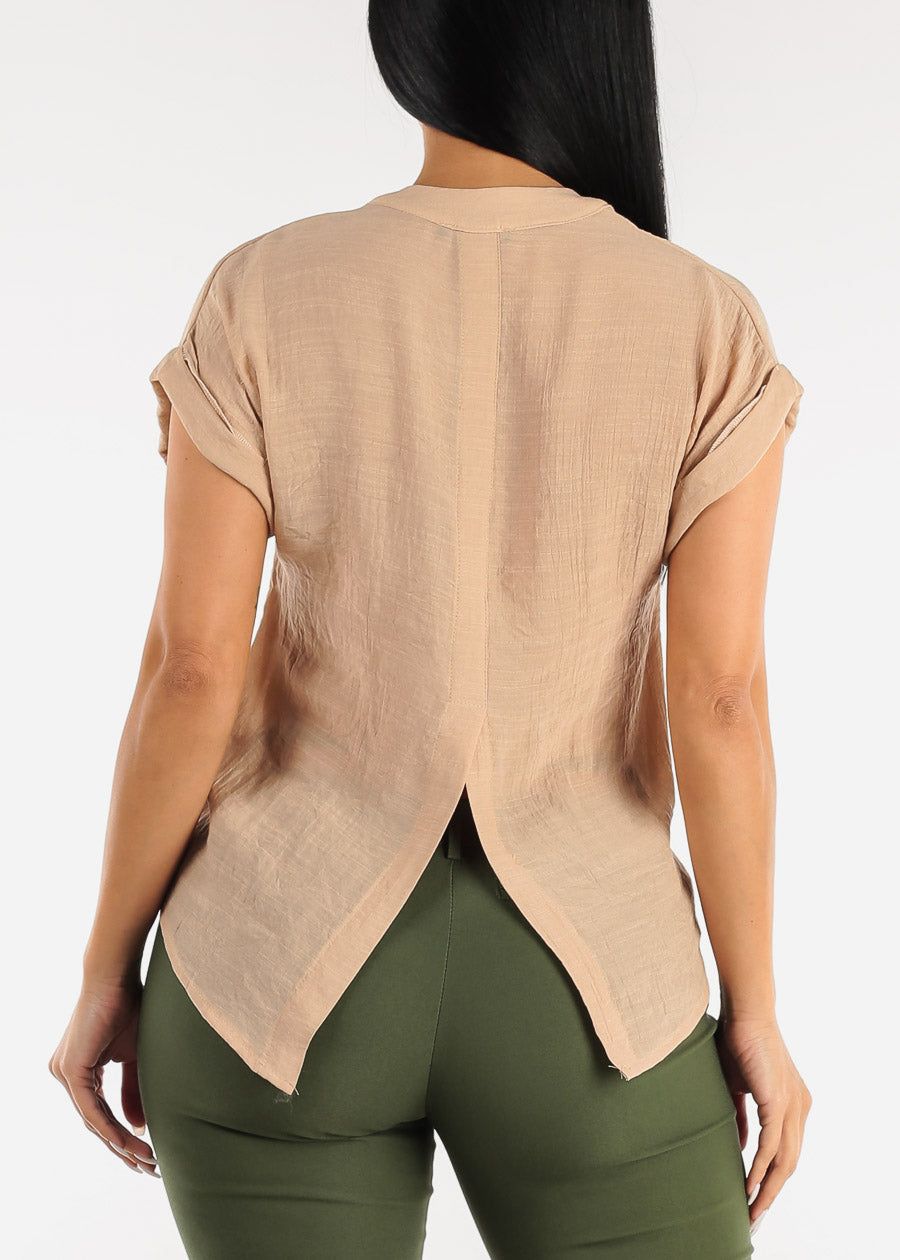Cuffed Short Sleeve Button Up Shirt Taupe w Back Slit sold by Moda product image thumbnail 4