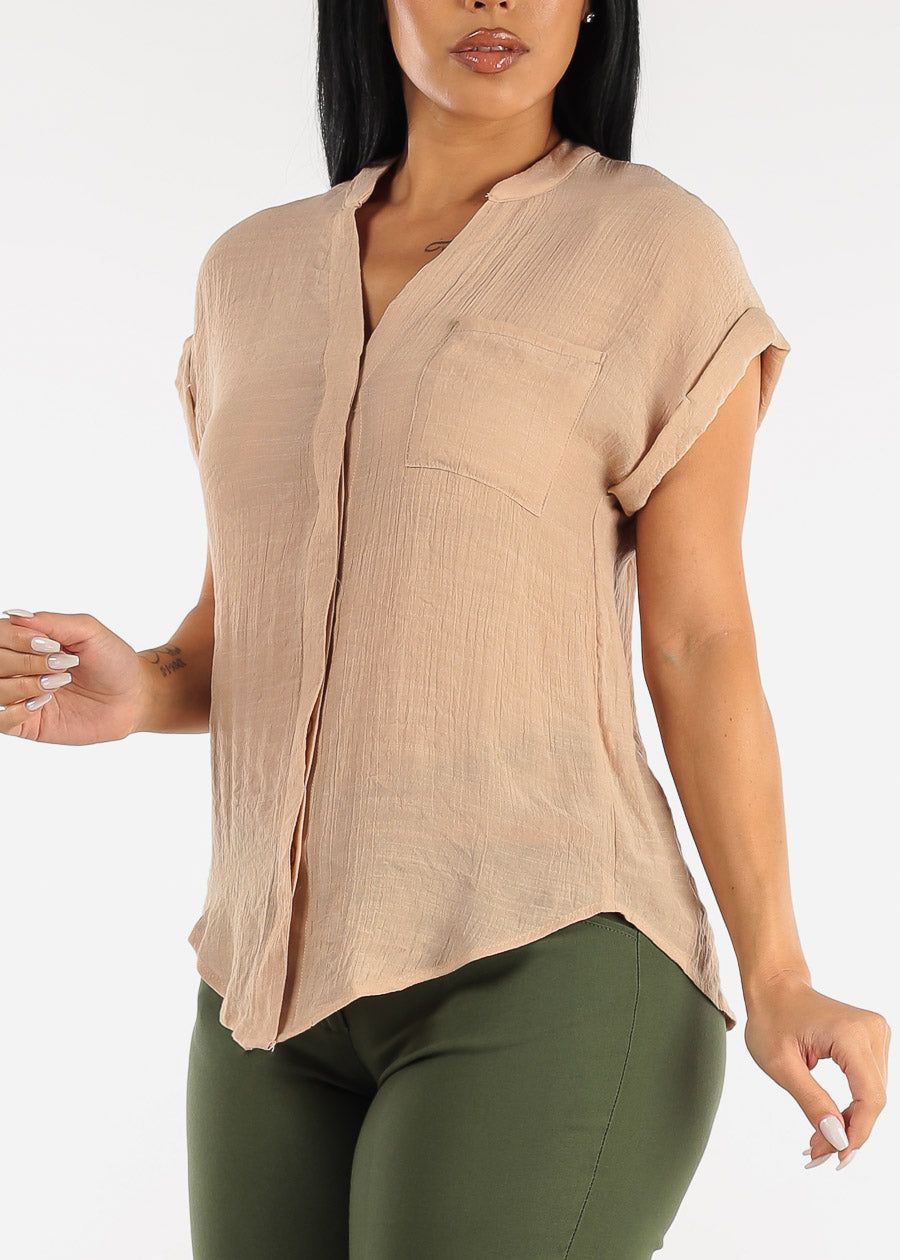 Cuffed Short Sleeve Button Up Shirt Taupe w Back Slit sold by Moda