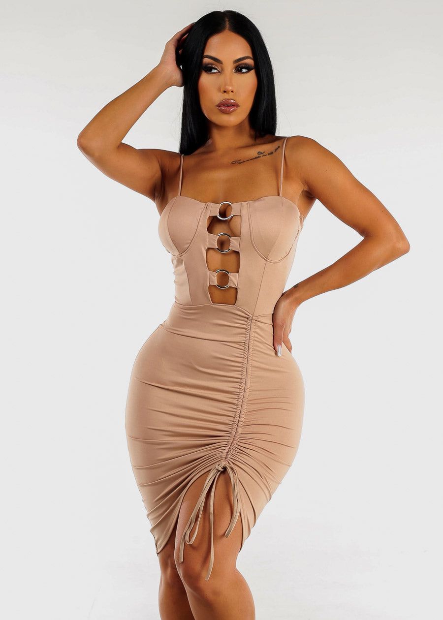 Nude Sleeveless Ruched Bodycon Dress w O-Ring Cut Out sold by Moda
