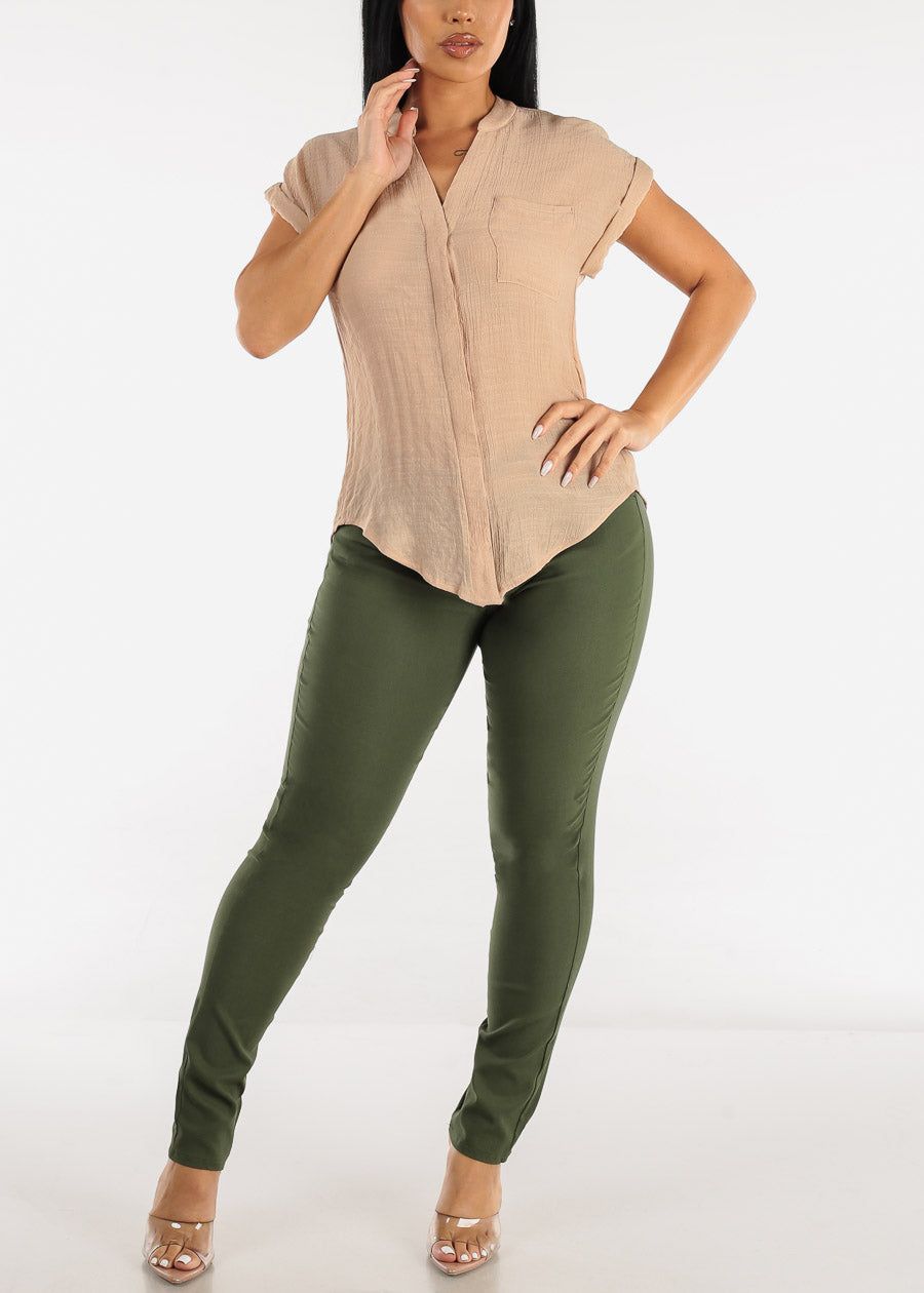 Cuffed Short Sleeve Button Up Shirt Taupe w Back Slit sold by Moda product image thumbnail 2