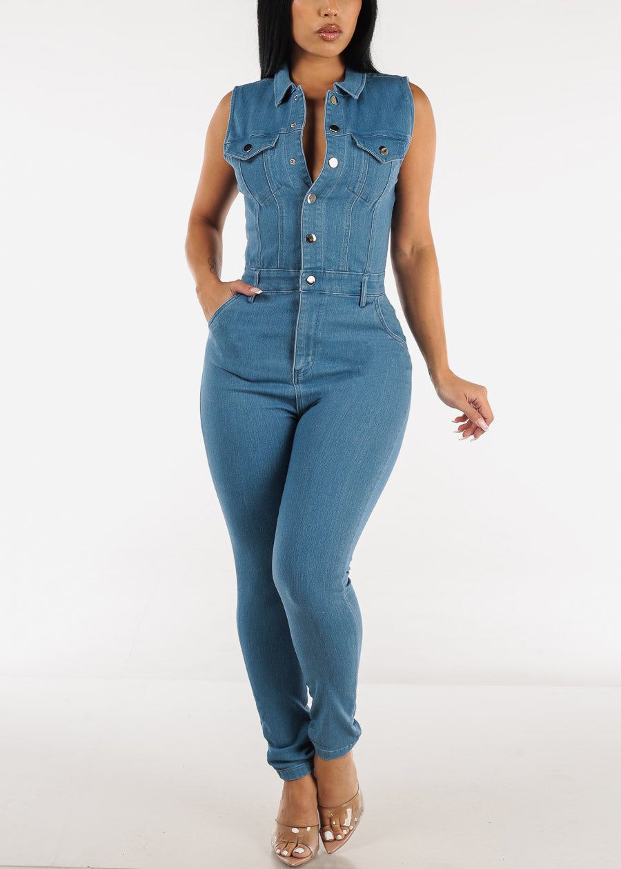 Sleeveless Button Up Collared Denim Jumpsuit Med Blue sold by Moda