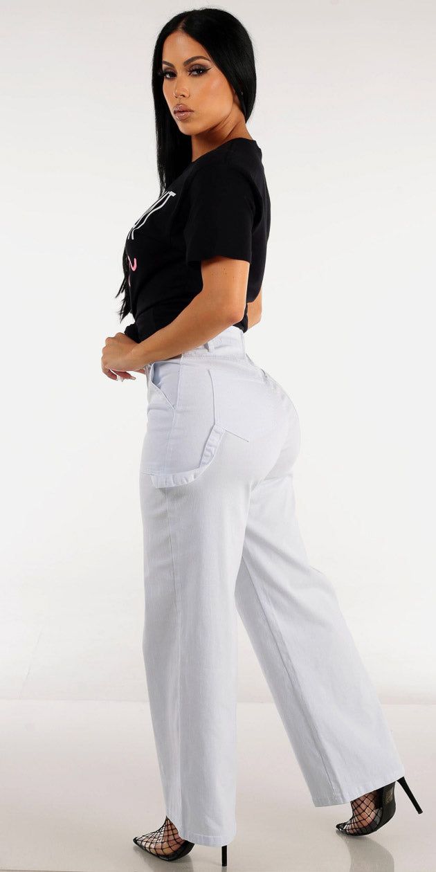 White Straight Wide Legged Pants with Black Short Sleeve Graphic T-Shirt sold by Moda product image thumbnail 2