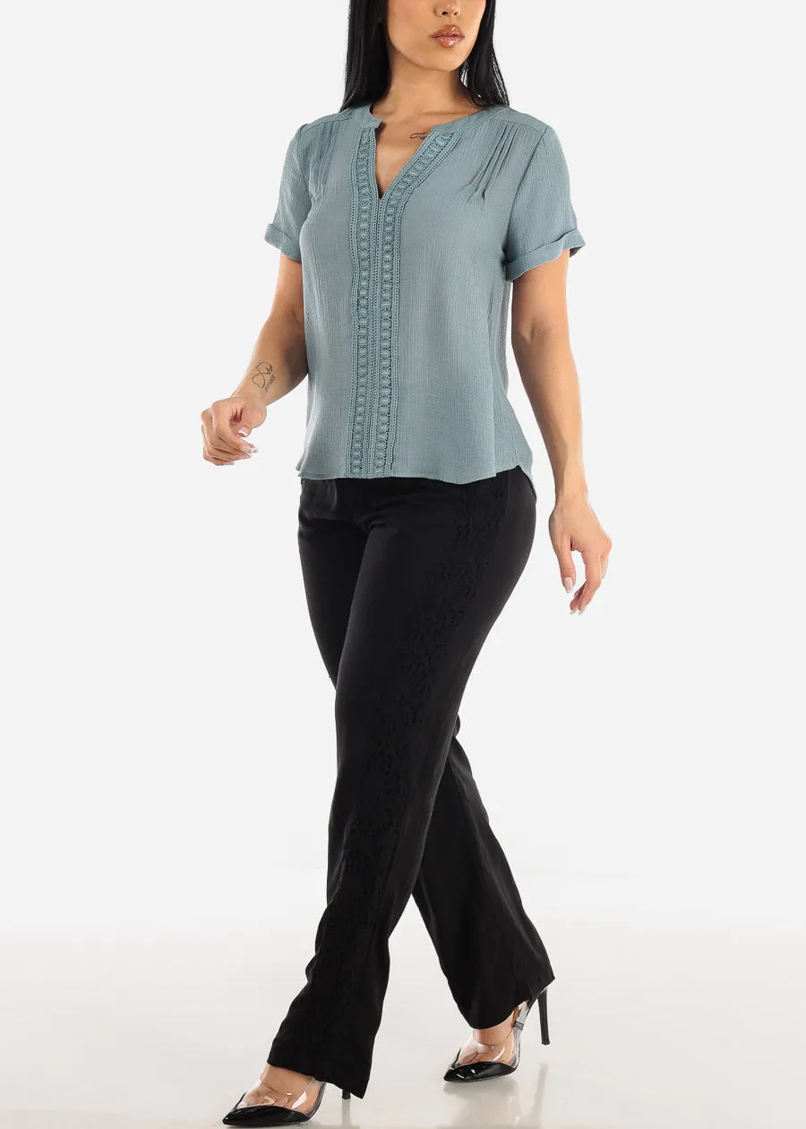 Black High Rise Spandex Waist Straight Pants w Lace Trim sold by Moda product image thumbnail 2