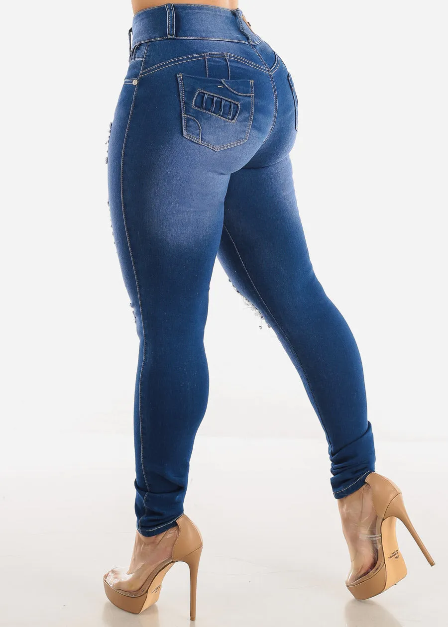 Distressed High Waist Levantacola Skinny Jeans Blue Wash sold by Moda product image thumbnail 5