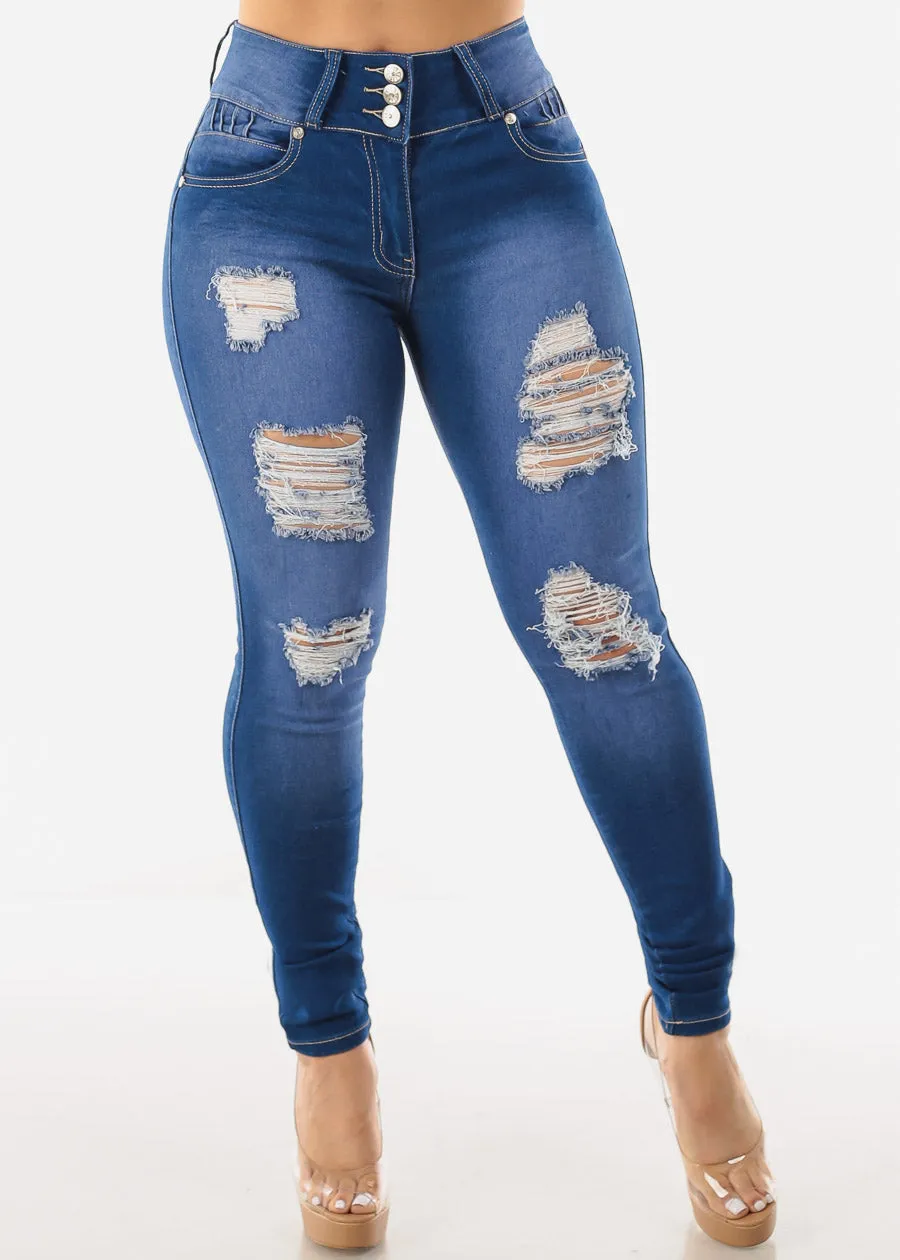 Distressed High Waist Levantacola Skinny Jeans Blue Wash sold by Moda product image thumbnail 3