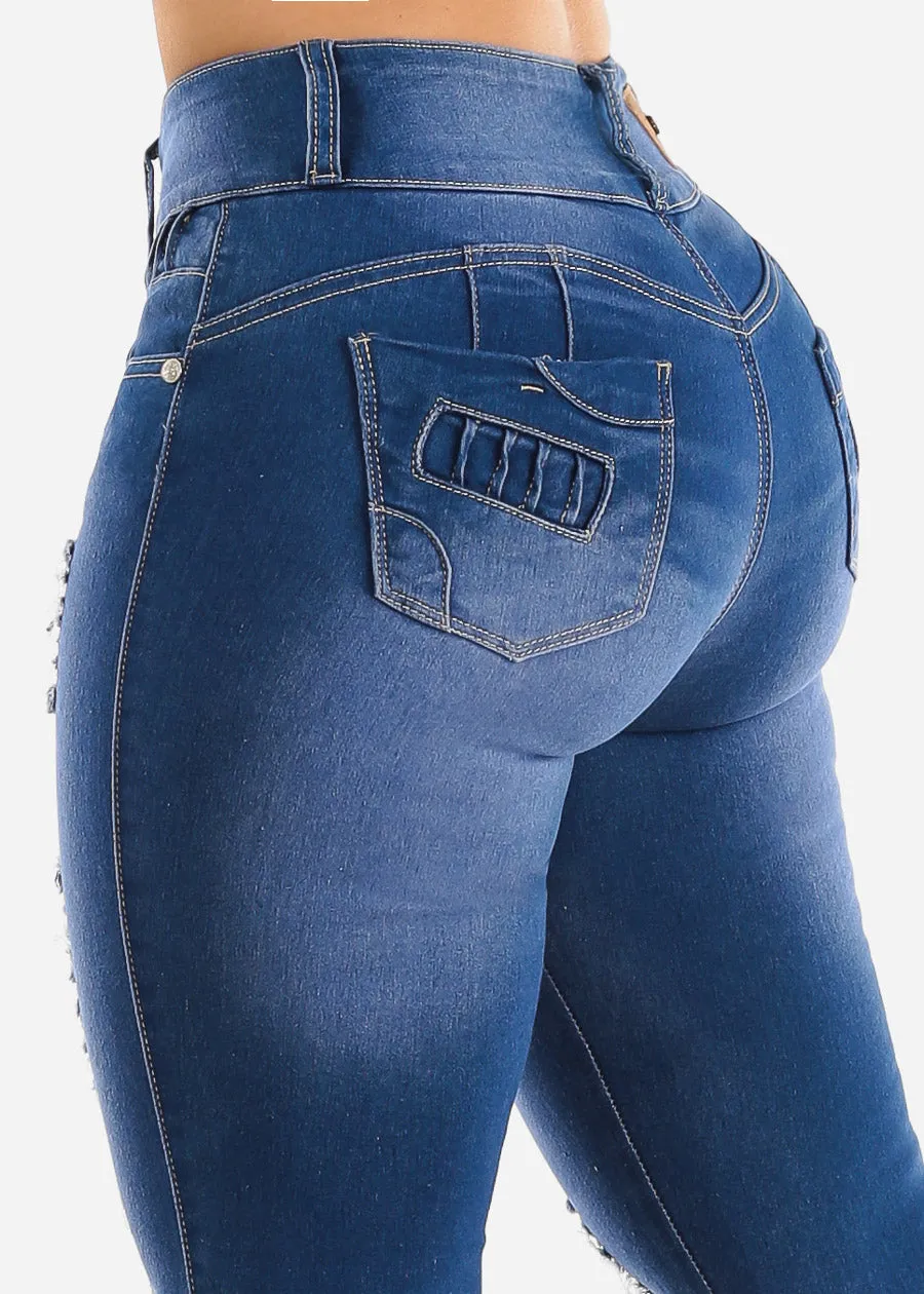 Distressed High Waist Levantacola Skinny Jeans Blue Wash sold by Moda