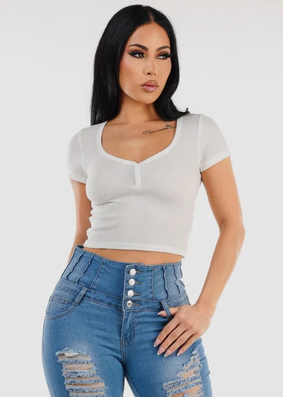 White Thermal Short Sleeve Vneck Crop Top sold by Moda