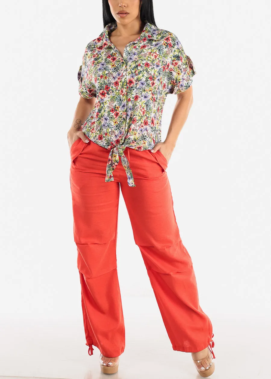 Red Linen High Waisted Knee Pleats Jogger Pants sold by Moda product image thumbnail 2