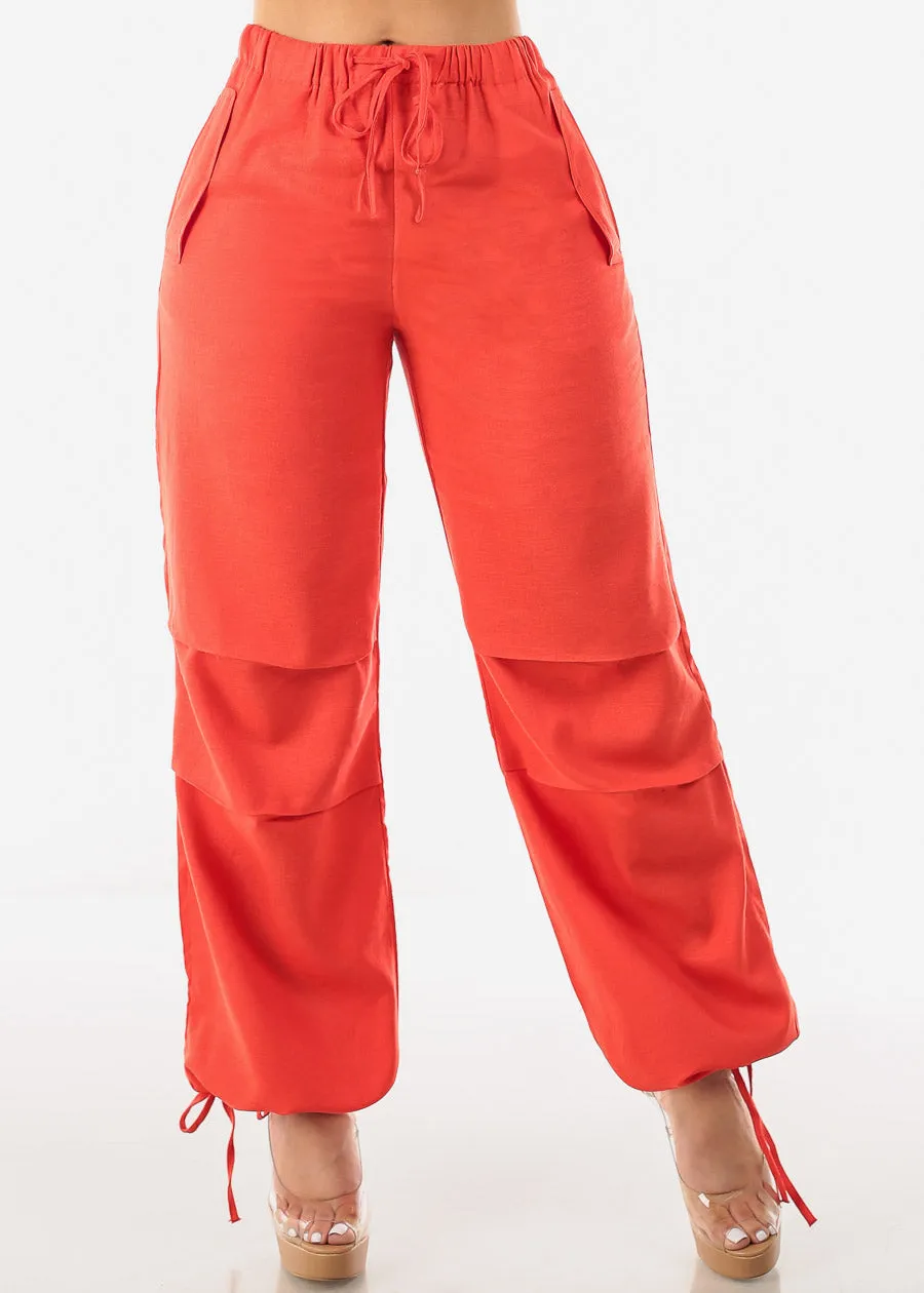 Red Linen High Waisted Knee Pleats Jogger Pants sold by Moda
