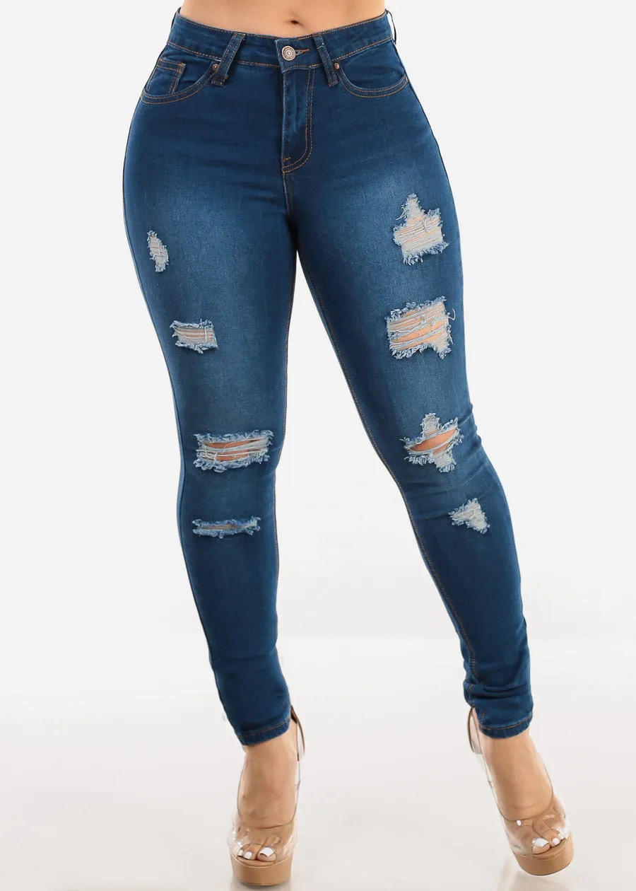 Distressed Mid Rise Stretchy Skinny Jeans Med Blue sold by Moda