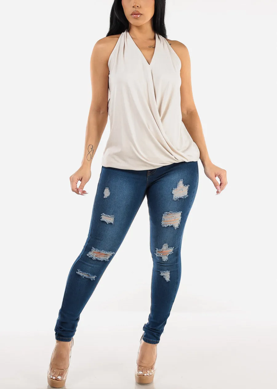Distressed Mid Rise Stretchy Skinny Jeans Med Blue sold by Moda product image thumbnail 2