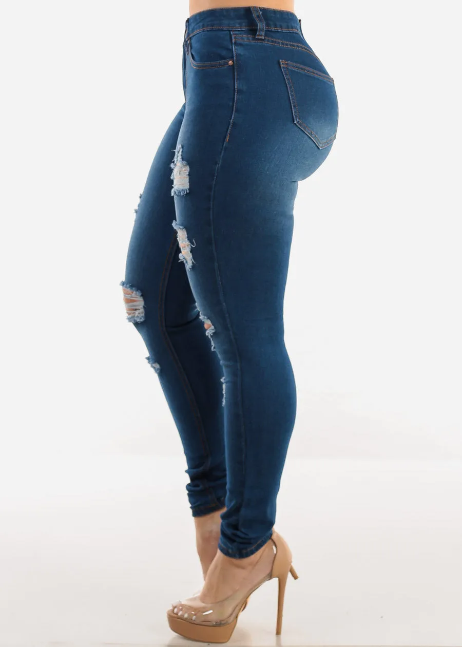 Distressed Mid Rise Stretchy Skinny Jeans Med Blue sold by Moda product image thumbnail 3