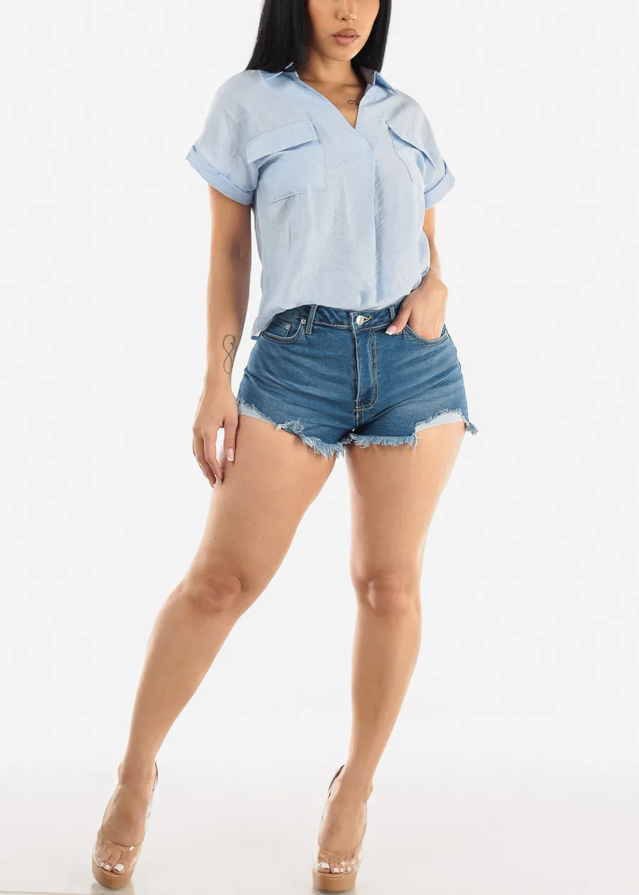 Short Sleeve Round Hem Collared Blouse Light Blue w Pockets sold by Moda product image thumbnail 2