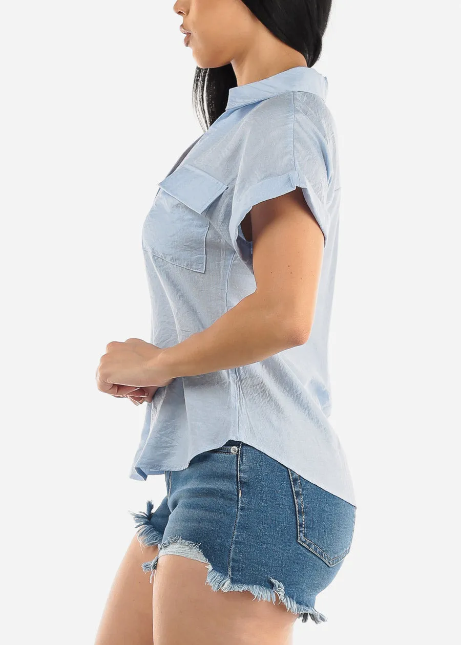 Short Sleeve Round Hem Collared Blouse Light Blue w Pockets sold by Moda product image thumbnail 3
