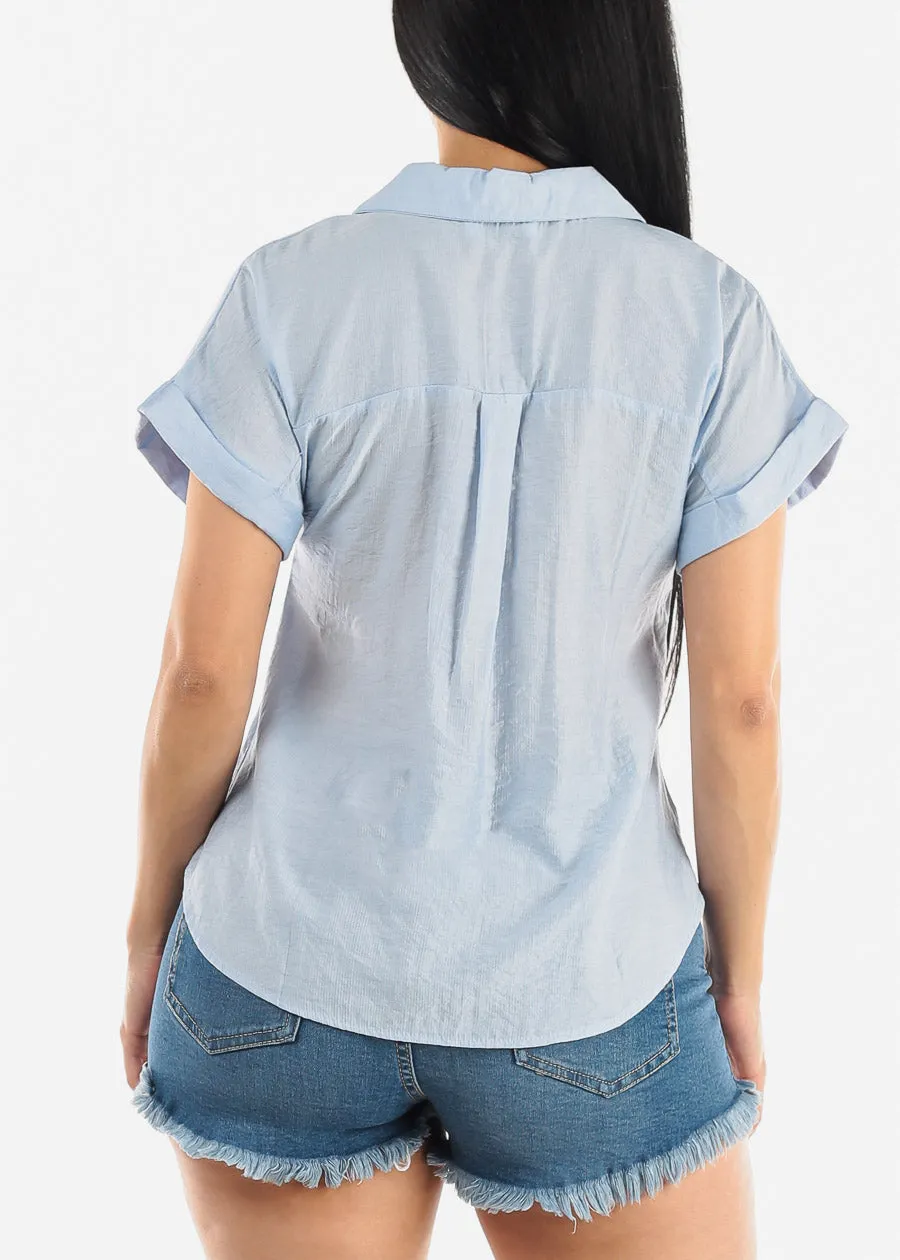 Short Sleeve Round Hem Collared Blouse Light Blue w Pockets sold by Moda product image thumbnail 4