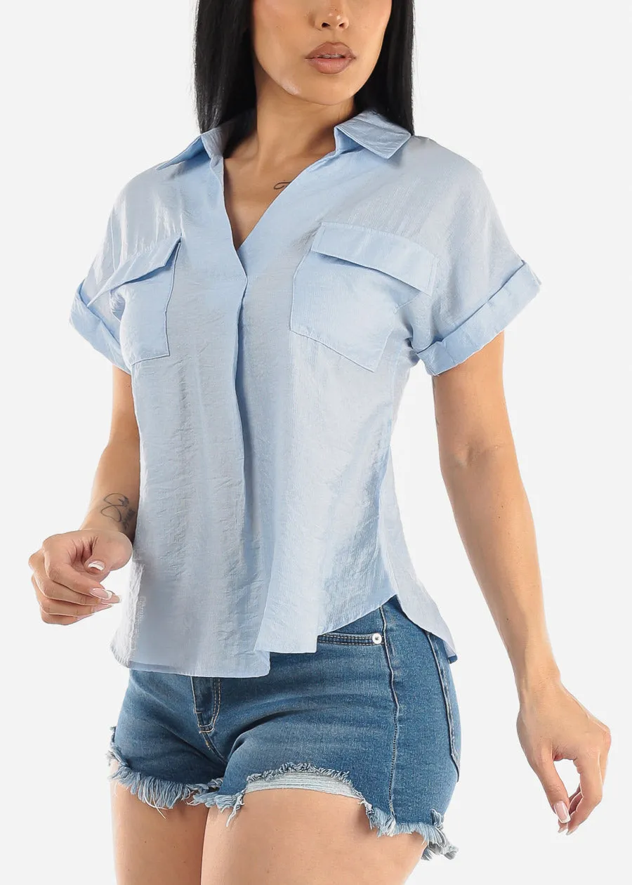 Short Sleeve Round Hem Collared Blouse Light Blue w Pockets sold by Moda