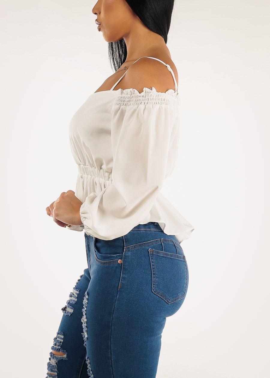 White Off Shoulder Ruched Waist Blouse sold by Moda product image thumbnail 3