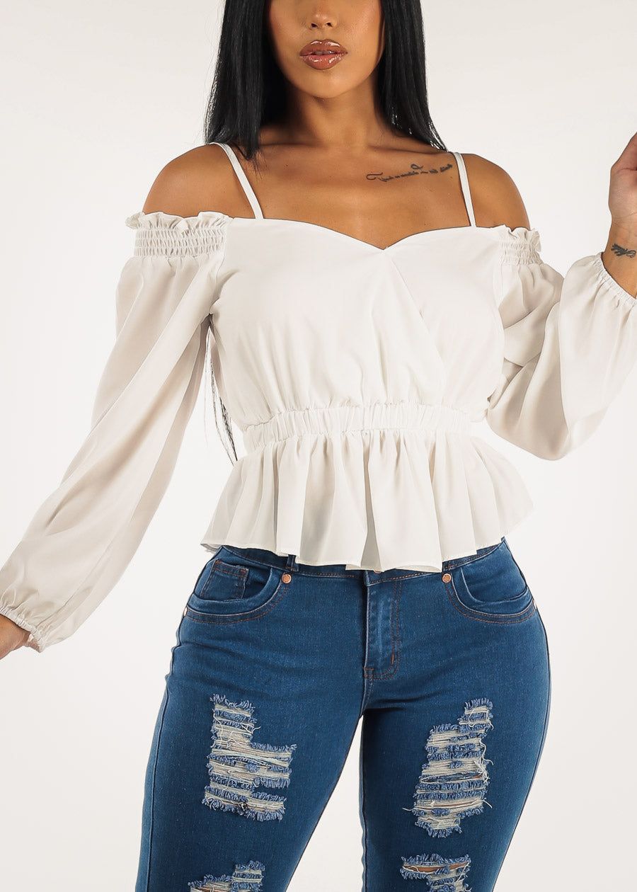 White Off Shoulder Ruched Waist Blouse sold by Moda