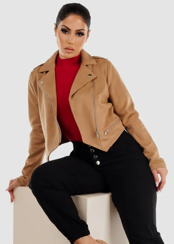 Suede Zip Up Cropped Moto Jacket Khaki sold by Moda
