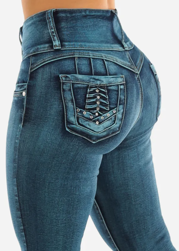 High Waisted Levantacola Skinny Jeans Med Sand Wash sold by Moda