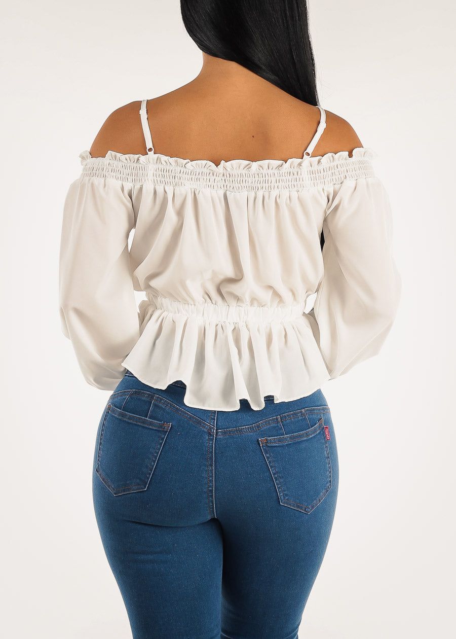 White Off Shoulder Ruched Waist Blouse sold by Moda product image thumbnail 4