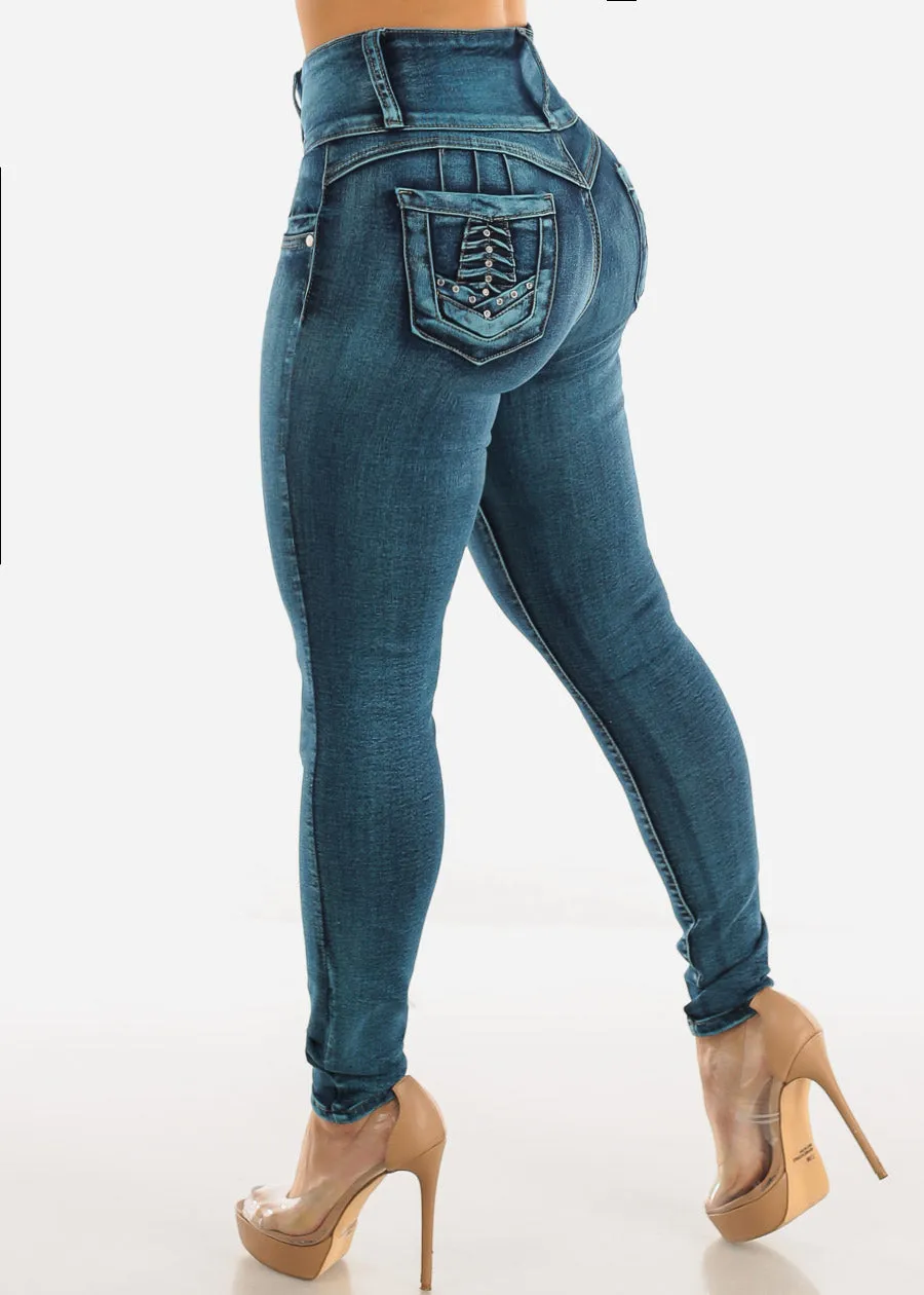 High Waisted Levantacola Skinny Jeans Med Sand Wash sold by Moda product image thumbnail 5