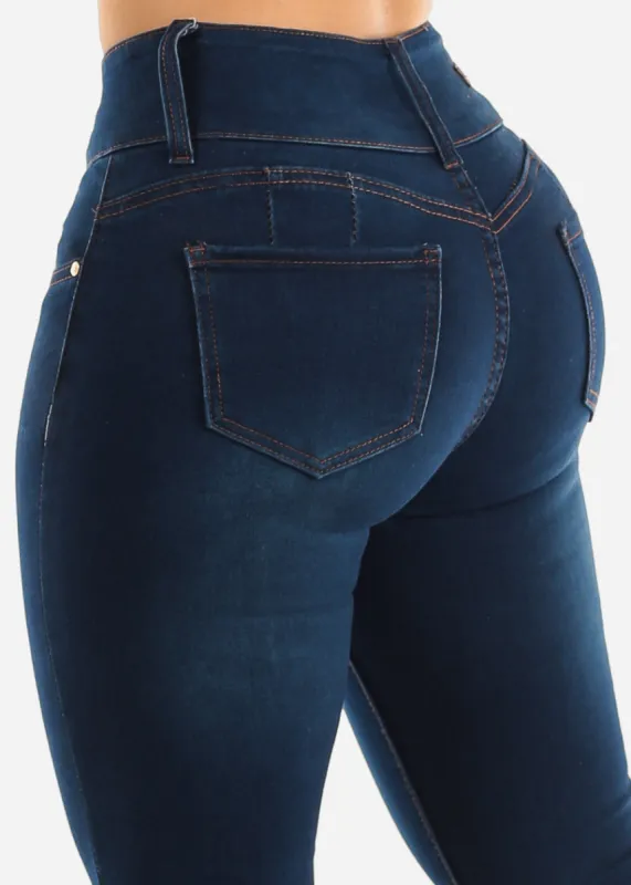High Waist Dark Blue Butt Lifting Skinny Jeans w Raw hem sold by Moda