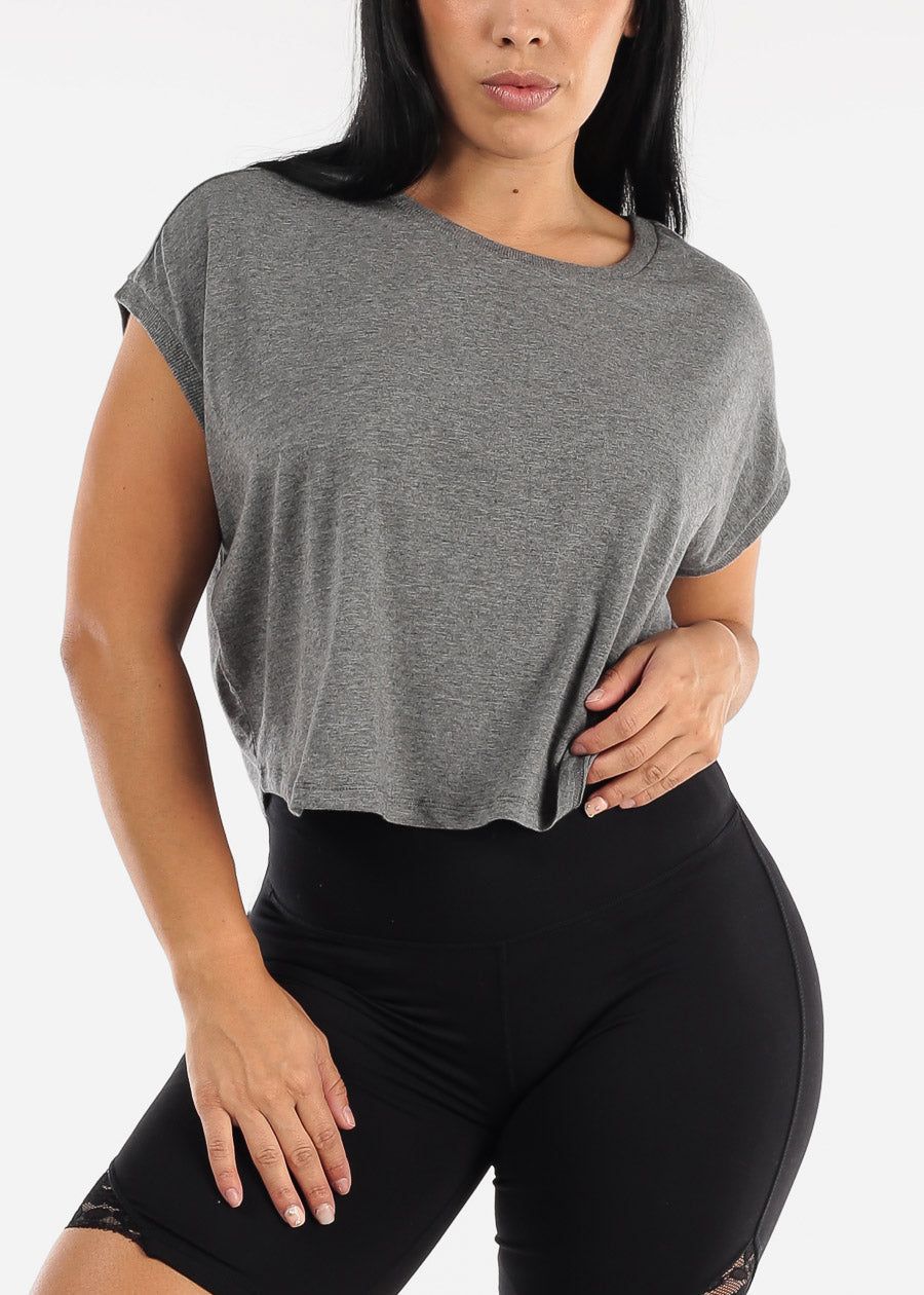 MONO B Activewear Cap Sleeve Cropped Boxy Tee Heather Grey sold by Moda