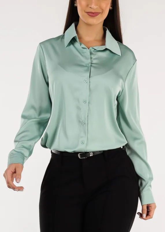 Long Sleeve Button Down Satin Shirt Sage sold by Moda