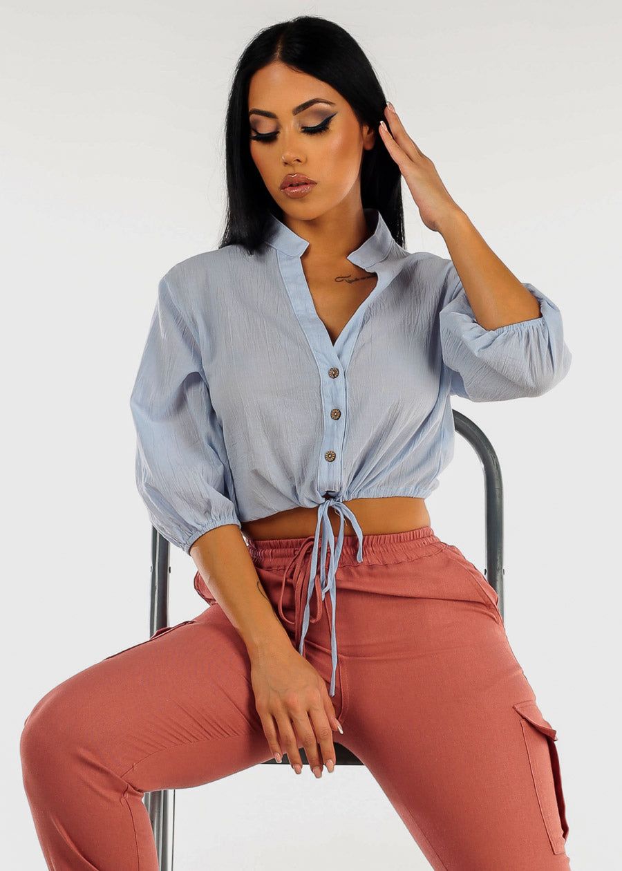 Drawstring Waist Button Up Crop Cotton Shirt Light Blue sold by Moda product image thumbnail 2