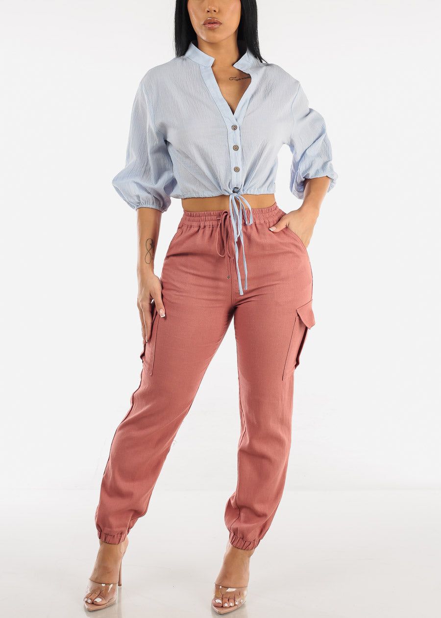 Drawstring Waist Button Up Crop Cotton Shirt Light Blue sold by Moda product image thumbnail 3