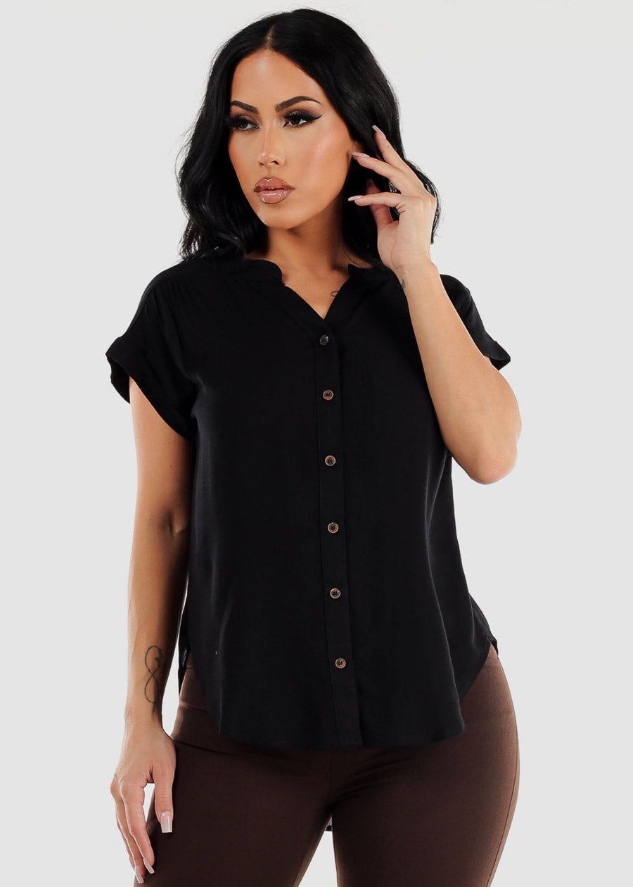 Short Sleeve Round Hem Button Up Woven Blouse Black sold by Moda