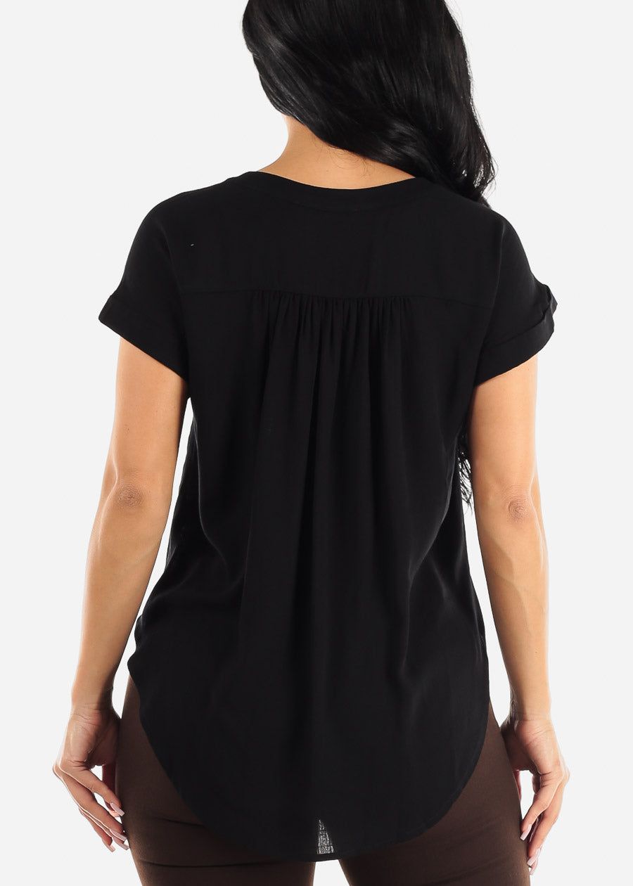 Short Sleeve Round Hem Button Up Woven Blouse Black sold by Moda product image thumbnail 4