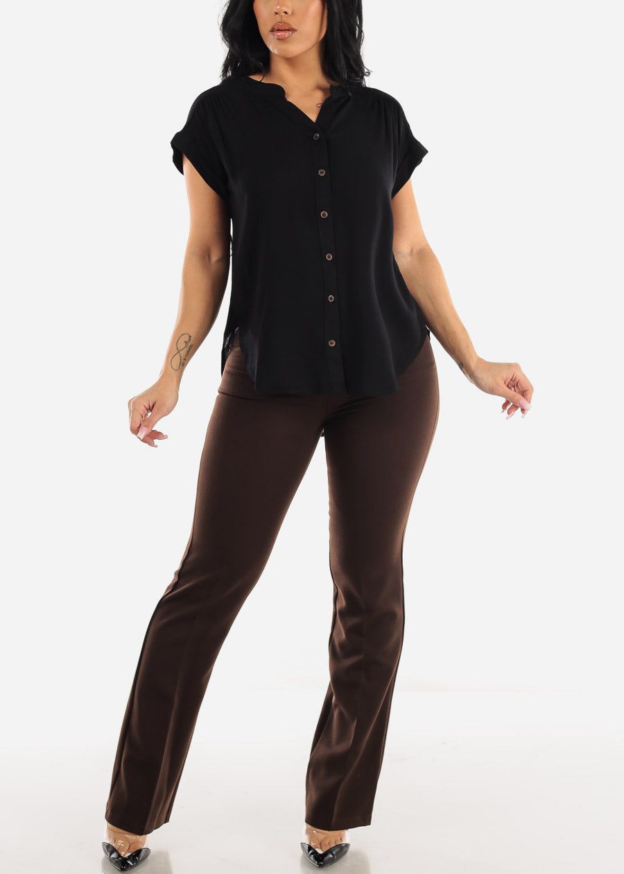 Short Sleeve Round Hem Button Up Woven Blouse Black sold by Moda product image thumbnail 2