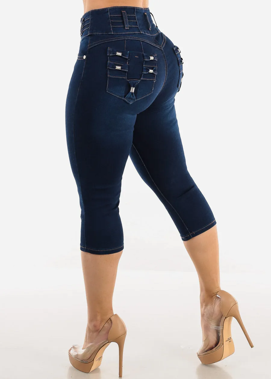 Butt Lifting Dark Denim Capris w Back Pocket Design sold by Moda