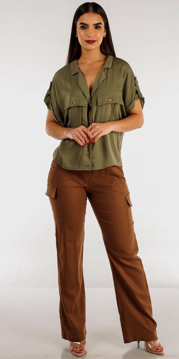 Brown Straight Leg Linen Cargo Pants with Olive Button Up Cropped Shirt sold by Moda