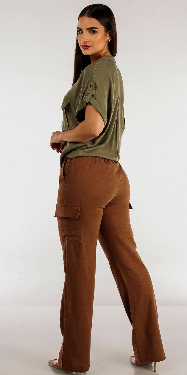 Brown Straight Leg Linen Cargo Pants with Olive Button Up Cropped Shirt sold by Moda product image thumbnail 2