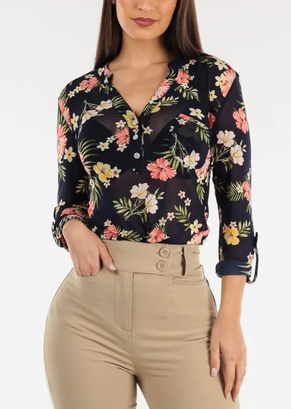 Long Sleeve Floral Mesh Half Button Blouse Navy sold by Moda