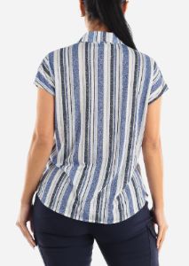 Short Sleeve Button Up Stripe Shirt Blue & Navy sold by Moda