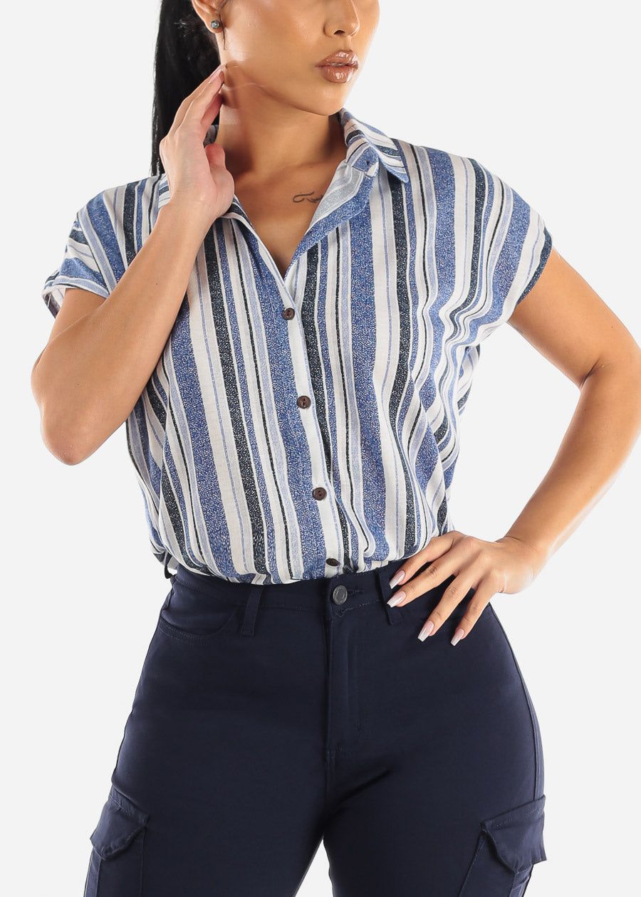 Short Sleeve Button Up Stripe Shirt Blue & Navy sold by Moda