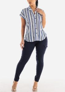 Short Sleeve Button Up Stripe Shirt Blue & Navy sold by Moda