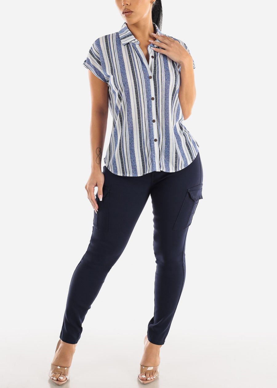 Short Sleeve Button Up Stripe Shirt Blue & Navy sold by Moda product image thumbnail 2