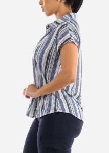 Short Sleeve Button Up Stripe Shirt Blue & Navy sold by Moda